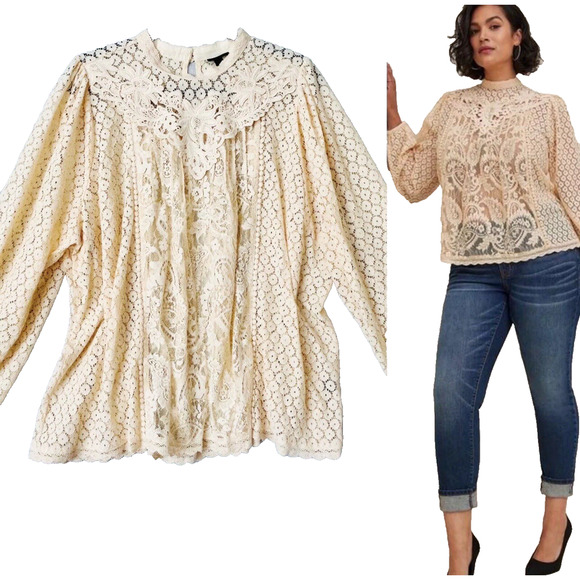 Torrid Mixed Lace Victorian High Neck Sheer Blouse – Plus 3X - Picture 4 of 12